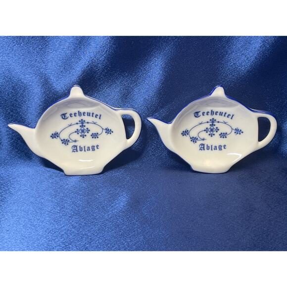 Pair of Porcelain Teabag Holders Blue and White from Germany - Picture 2 of 3
